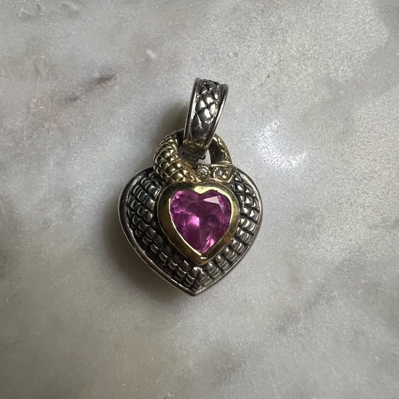 Judith Ripka Silver and Gold Heart Necklace with Pink Stone - Picture 2 of 4